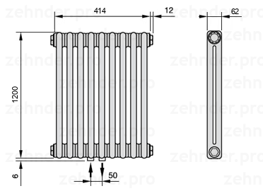 Схема (чертеж) Радиатор Zehnder Charleston 2120/9 №3470 Белый глянцевый RAL 9016
